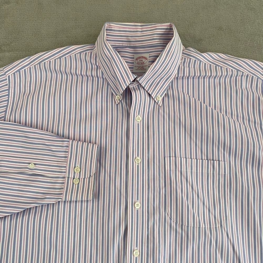 Brooks Brothers 1818 Shirt Men 2XL Blue Pink Striped Non Iron Long Sleeve Preppy